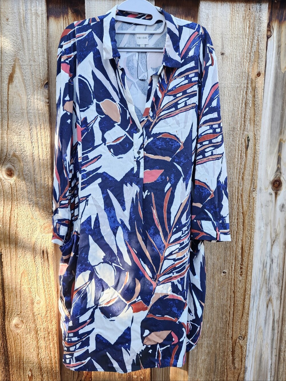Nic&zoe Womenโs Navy and Coral Printed Button-Front Dress